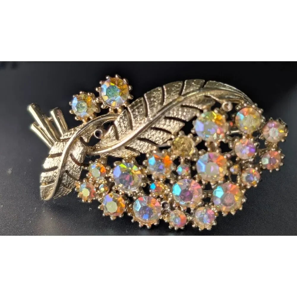Vintage AB Rhinestone Leaf Brooch Gold Tone Signed C Missing Stones